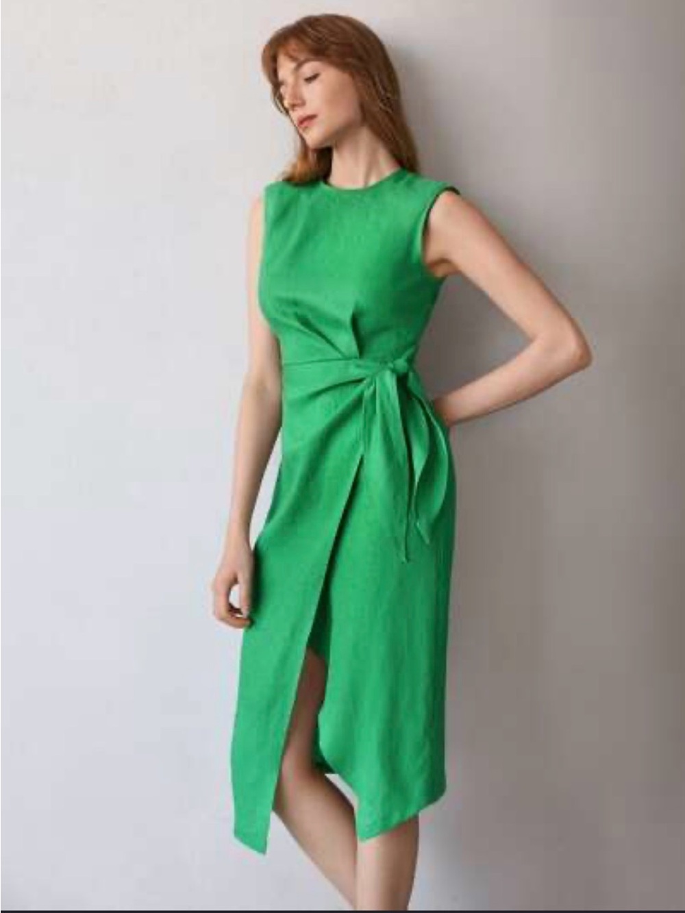 100% Linen Sleeveless Tie-Waist Midi Dress in Bright Green by Motif